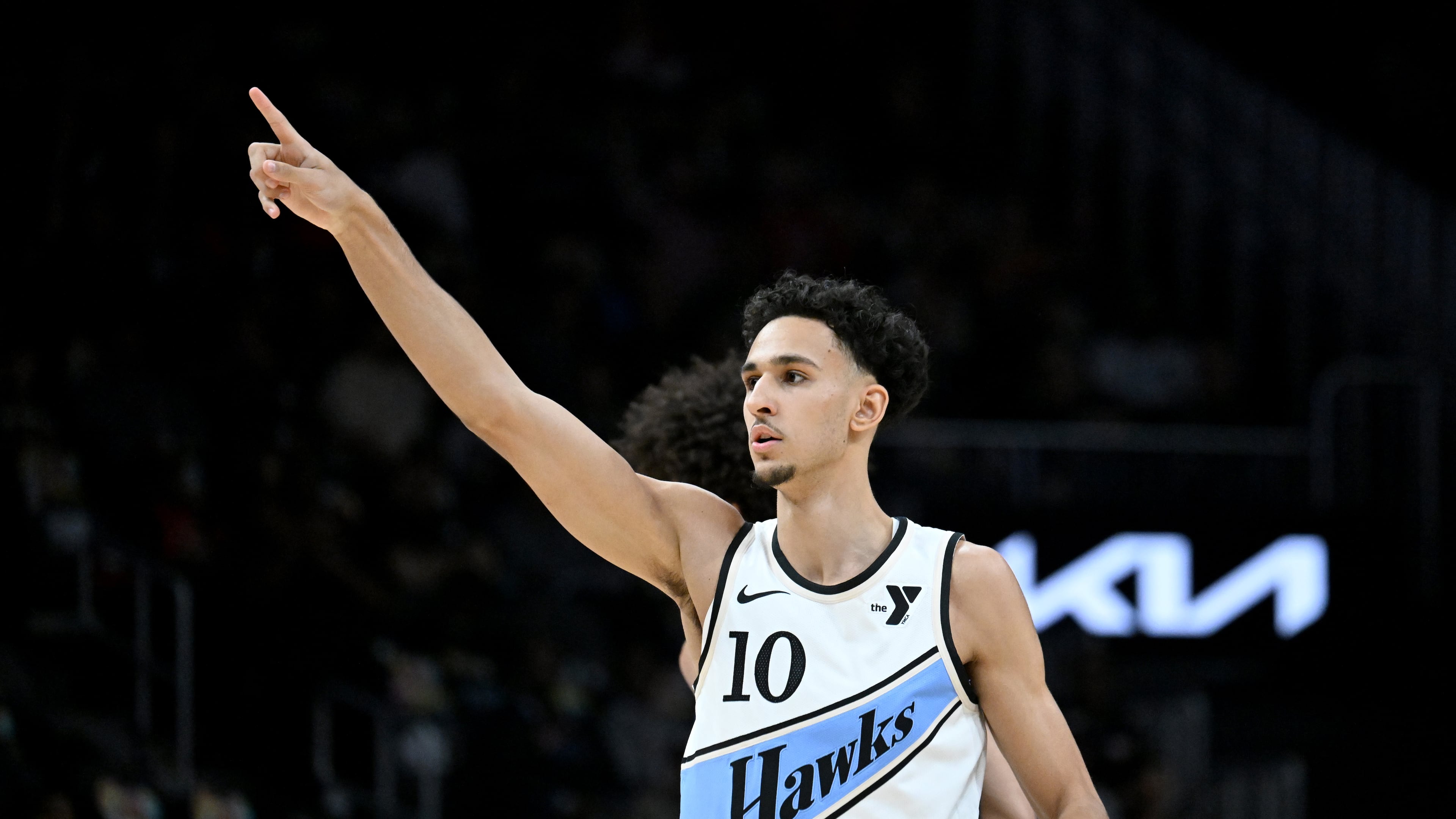 Atlanta Hawks forward Zaccharie Risacher reacts after scoring during the first half in an NBA basketball game at State Farm Arena, Friday, Feb. 7, 2025, in Atlanta. (Hyosub Shin/AJC)