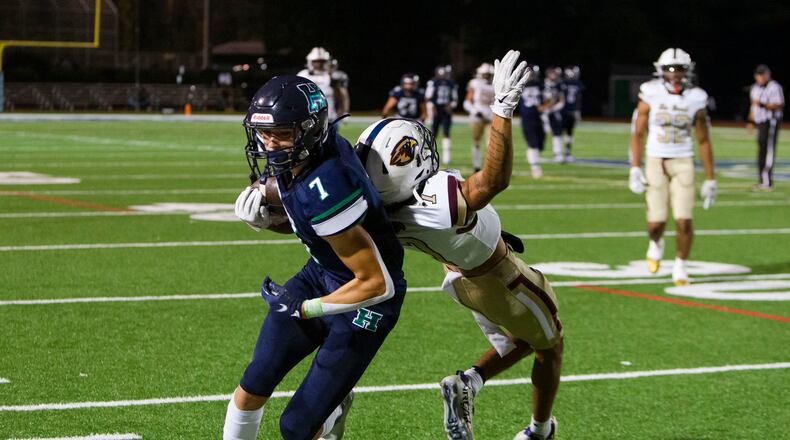 Brady Kluse, wide receiver for Harrison, makes a catch during the Harrison vs. Pebblebrook high school football game on Friday, September 23, 2022, at Harrison high school in Kennesaw, Georgia. Pebblebrook defeated Harrison 31-14. CHRISTINA MATACOTTA FOR THE ATLANTA JOURNAL-CONSTITUTION.