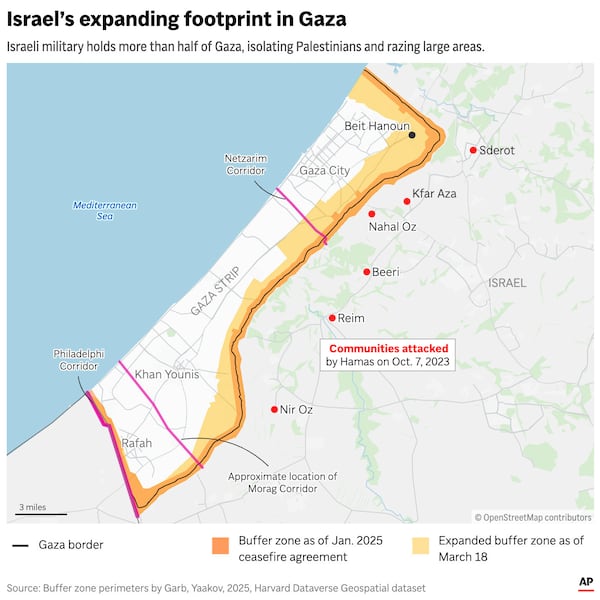 The map above shows the expansion of Israel's declared buffer zones and effectively its footprint inside of Gaza. (AP Graphic)
