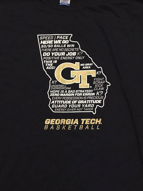 Ron Bell, who described himself as the biggest supporter of Georgia Tech basketball coach Josh Pastner, created this T-shirt as a gift for Pastner’s 40th birthday last September. Georgia Tech authorized Bell to use its logo. TWITTER