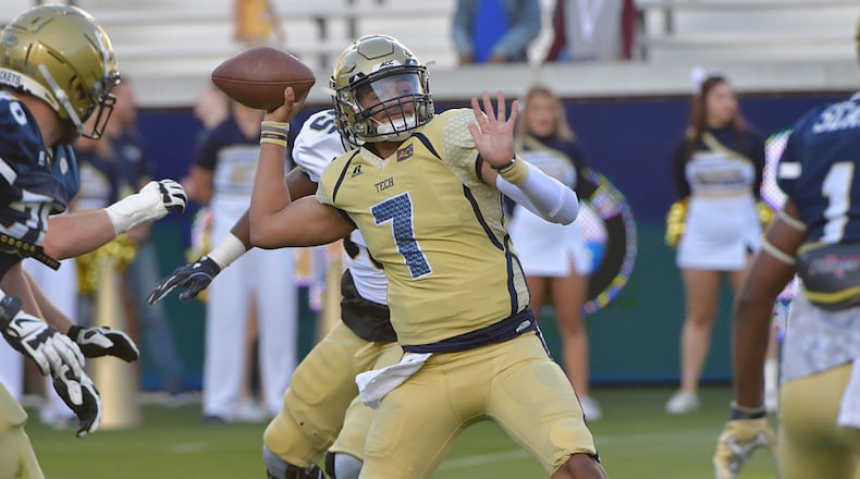 Georgia Tech QB Lucas Johnson (7) gets off a pass during 2018 Georgia Tech spring game at Bobby Dodd Stadium on Friday, April 20, 2018. HYOSUB SHIN / HSHIN@AJC.COM