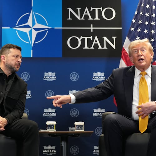 U.S. President Donald Trump meets with Ukraine's President Volodymyr Zelenskyy on the sidelines of the NATO summit in Ankara, Turkey, Wednesday, July 8, 2026. (AP Photo/Alex Brandon)