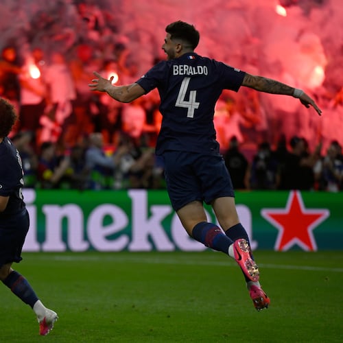 PSG players celebrate after penalty shootout at the end of the Champions League final soccer match between Paris Saint-Germain and Arsenal in Budapest, Hungary, Saturday, May 30, 2026. (AP Photo/Denes Erdos)