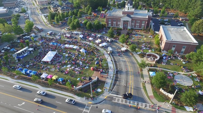 Aerial photo of that intersection of Ga. 124 and Ga. 78 where the proposed mixed use development will be built, creating a new “downtown.”