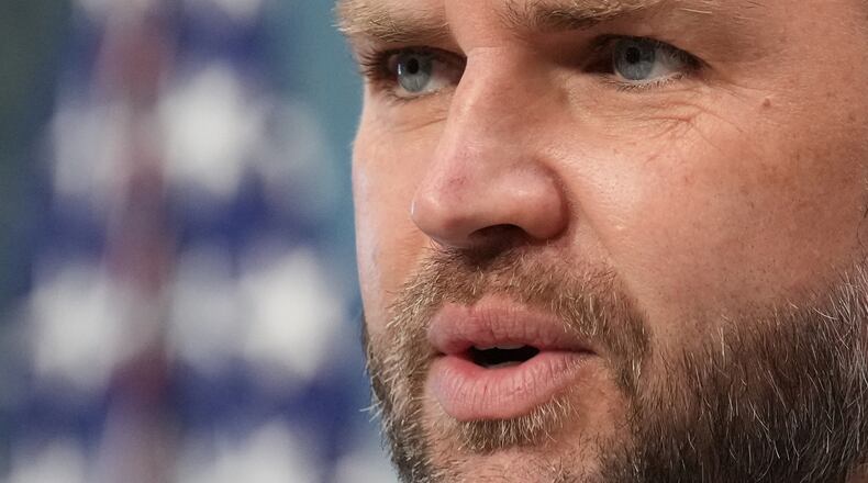 Vice President JD Vance speaks to the media from the Eisenhower Executive Office Building on the White House campus, Wednesday, May 13, 2026, in Washington. (AP Photo/Jacquelyn Martin)