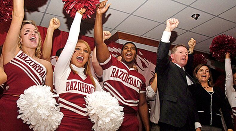 After courting Tommy Tuberville and Jim Grobe, the Razorbacks invited ex-Falcons coach Bobby Petrino to call the Hogs in a late-night press conference announcing his hiring. Petrino didn't last one season with NFL team before resigning abruptly to return to the college ranks.
