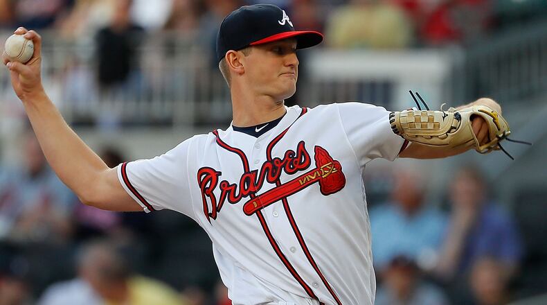 Braves starter Mike Soroka pitches in the first inning against the St. Louis Cardinals May 15, 2019, at SunTrust Park in Atlanta.