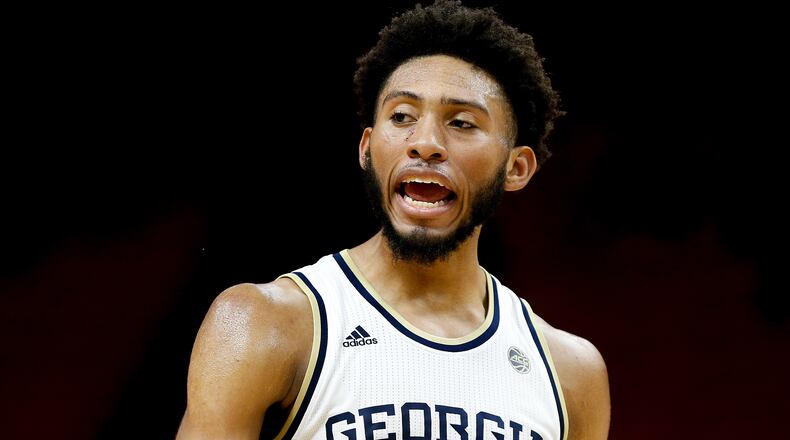 Georgia Tech's James Banks reacts after a basket against the St. John's Red Storm during the first half of the HoopHall Miami Invitational Dec. 8, 2019, at American Airlines Arena in Miami.