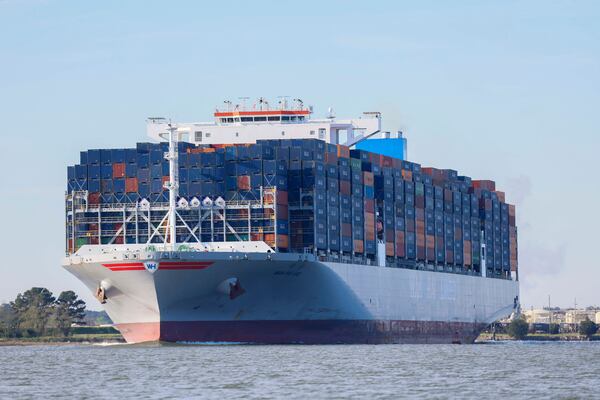 A cargo ship departing from the port along the Savannah River. (Miguel Martinez/AJC)