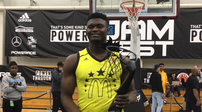 Five-star prospect and Duke signee Zion Williamson was the easy winner of Monday's slam-dunk contest ahead of the McDonald's All-American Games Wednesday at Philips Arena.
