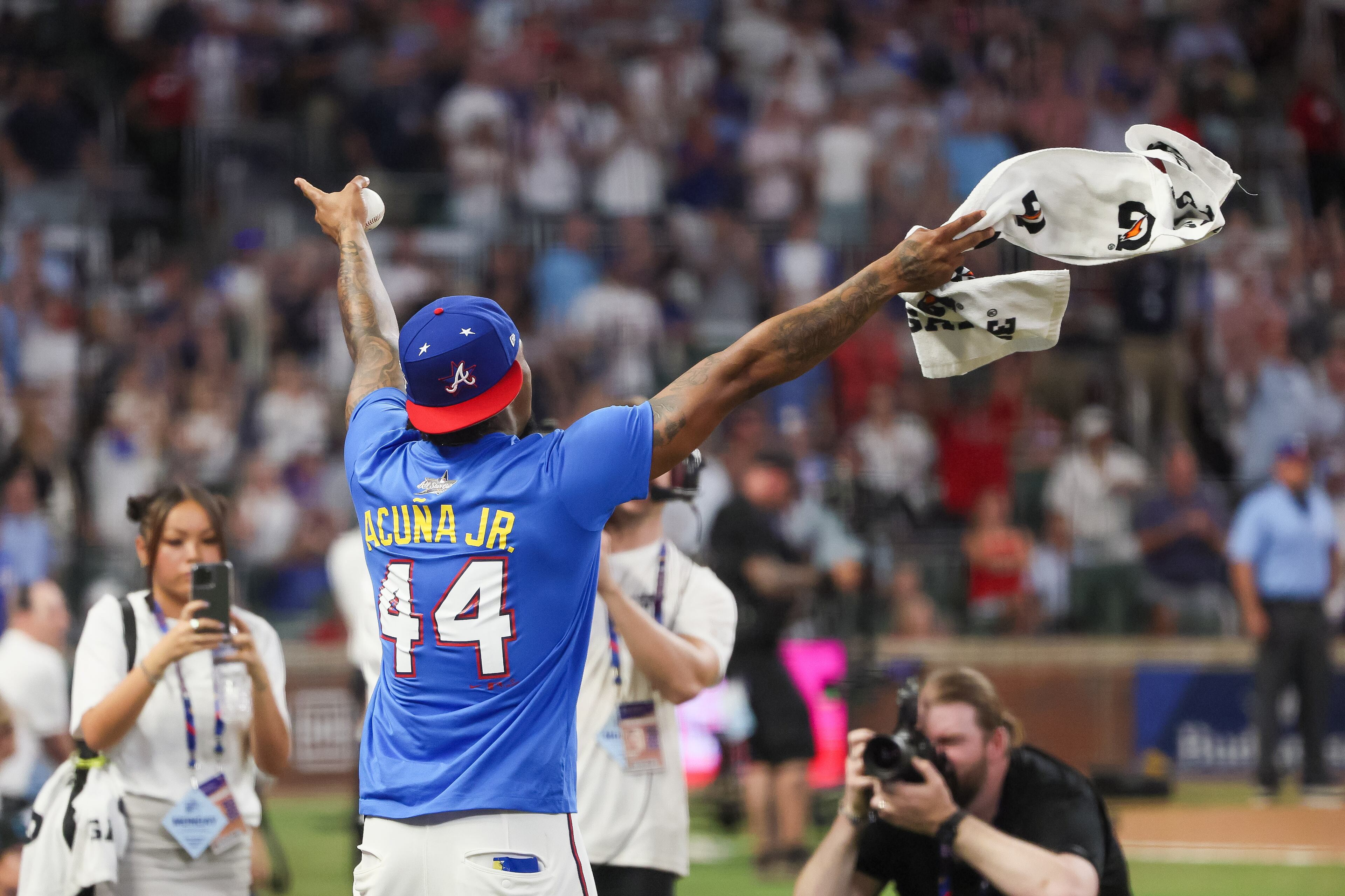 Atlanta Braves' Ronald Acuna Jr. reacts for teammate Matt Olson during the MLB Home Run Derby as part of the All-Star Game festivities on Monday, July 14, 2025 at Truist Park in Atlanta. Jason Getz / AJC