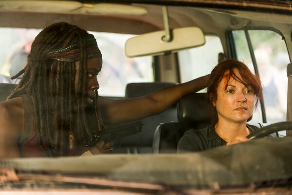 Danai Gurira as Michonne, Aerli Austin as Isabelle - The Walking Dead _ Season 7, Episode 8 - Photo Credit: Gene Page/AMC