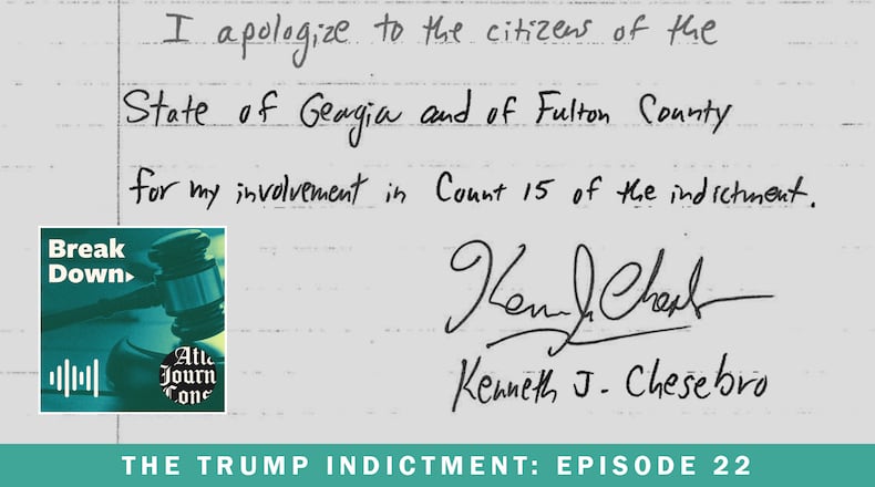 Two of the apology letters, written as a condition of plea deals in the Fulton County election interference case, were only one sentence long, including this one by Kenneth Chesebro. The latest episode of the AJC's "Breakdown" podcast asks if such statements are a symbol of defiance.