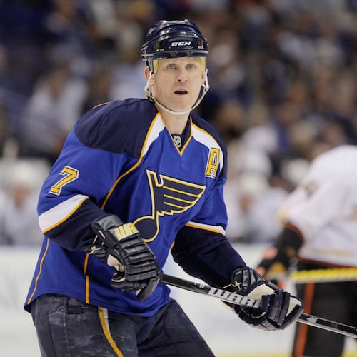 FILE - St. Louis Blues' Keith Tkachuk skates during the first period of an NHL hockey against the Anaheim Ducks game, April 9, 2010, in St. Louis. (AP Photo/Jeff Roberson, File)