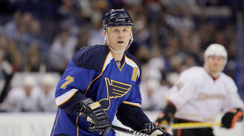 FILE - St. Louis Blues' Keith Tkachuk skates during the first period of an NHL hockey against the Anaheim Ducks game, April 9, 2010, in St. Louis. (AP Photo/Jeff Roberson, File)