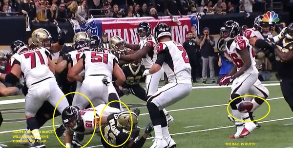Matt Ryan didn't recognize safety Marcus Williams in the A-Gap and Austin Hooper couldn't come over from tight end fast enough to block him. The failure led to a fumble.