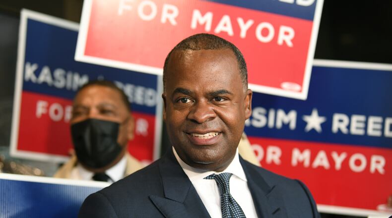 August 17, 2021 Atlanta - Former Atlanta mayor Kasim Reed speaks to members of the press after filing paperworks for November 2nd Atlanta Mayoral Election outside the Atlanta City Hall on Tuesday, August 17, 2021. Atlanta City Council President Felicia Moore and former Atlanta mayor Kasim Reed filed paperwork and qualified as a candidate in the November 2nd Atlanta Mayoral Election.  (Hyosub Shin / Hyosub.Shin@ajc.com)
