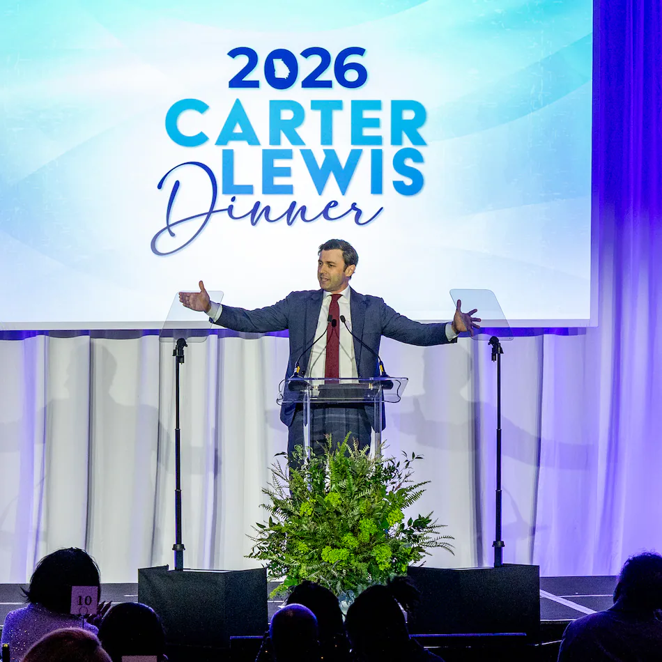 U.S. Sen. Jon Ossoff speaks at the Carter-Lewis dinner, a Democratic fundraiser held at the Atlanta Marriott Marquis on Saturday, April 11, 2026. (Jenni Girtman for the AJC)