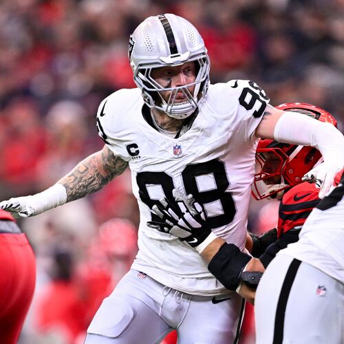 FILE - Las Vegas Raiders defensive end Maxx Crosby (98) rushes during the first half of an NFL football game against the Houston Texans, Dec. 21, 2025, in Houston. (AP Photo/Maria Lysaker, File)