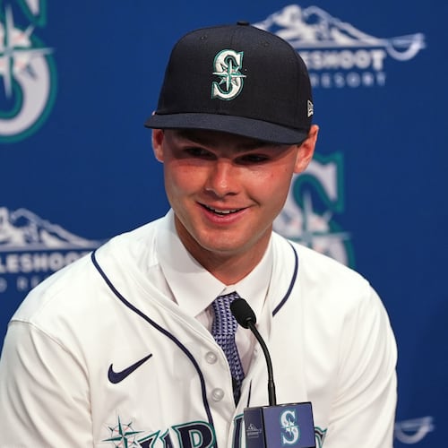 FILE - Seattle Mariners first-round draft pick Kade Anderson speaks during a baseball news conference, July 22, 2025, in Seattle. (AP Photo/Lindsey Wasson, File)