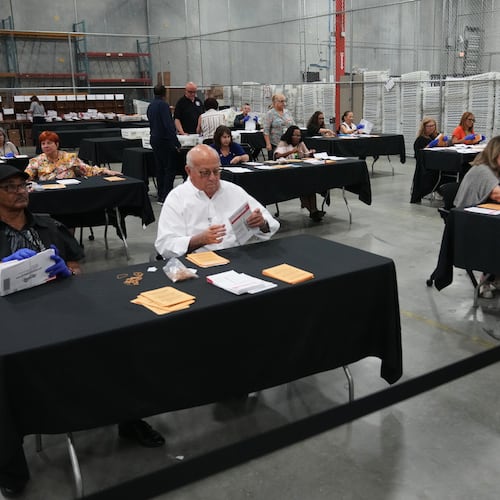 Election workers sort vote-by-mail ballots at the Miami-Dade County Supervisor of Elections Office for the Florida primary election in Doral, Fla., Tuesday, Aug. 18, 2026. (AP Photo/Lynne Sladky)