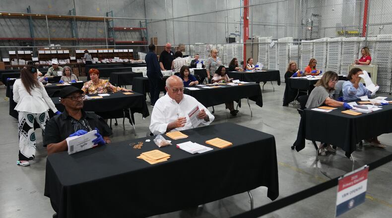 Election workers sort vote-by-mail ballots at the Miami-Dade County Supervisor of Elections Office for the Florida primary election in Doral, Fla., Tuesday, Aug. 18, 2026. (AP Photo/Lynne Sladky)