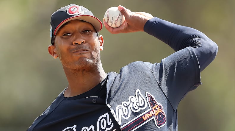 Braves pitcher Sam Freeman delivers a pitch on Monday, Feb 19, 2018, at the ESPN Wide World of Sports Complex in Lake Buena Vista.     Curtis Compton/ccompton@ajc.com