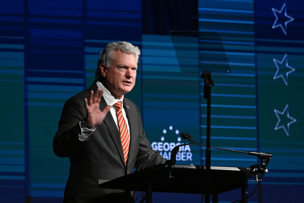 U.S. Rep. Mike Collins speaks during the Georgia Chamber Congressional Luncheon in Athens earlier this month. (Hyosub Shin/AJC)