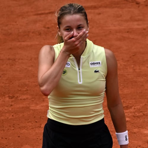 Poland's Maja Chwalinska reacts after winning the quarterfinal tennis match against Russia's Anna Kalinskaya at the French Open in Paris, Wednesday, June 3, 2026. (AP Photo/Emma Da Silva)