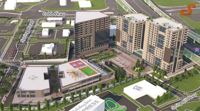 This is an early-stage concept rendering of the proposed South Spring mixed-use development project in Smyrna, which is close to The Battery and Truist Park.