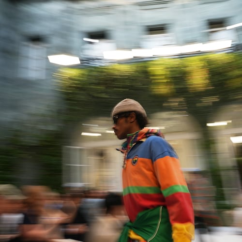 A model wears a creation as part of the Ralph Lauren Spring/Summer 2027 men's collection presented in Milan, Italy, Friday, June 19, 2026. (AP Photo/Antonio Calanni)