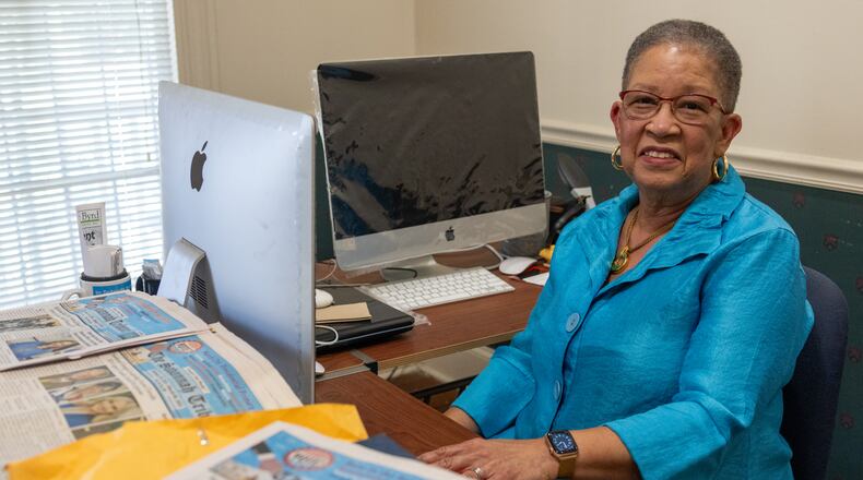 Shirley James poses at her desk at the Savannah Tribune newspaper office on Wednesday, May 29, 2024 in Savannah, GA. (AJC Photo/Katelyn Myrick)
