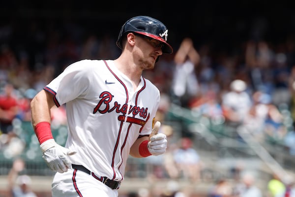 Atlanta Braves' Sean Murphy runs to first after hitting a solo home run during the second inning of a baseball game against the Philadelphia Phillies, Sunday, June 29, 2025, in Atlanta. (AP Photo/Butch Dill)