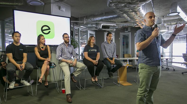 Vlad Christoff, right, representing Fasten, joins other reps from various ride-hailing groups that gathered at the Capital Factory Thursday evening June 16, 2016 to pitch their services and take questions from the techie audience.
RALPH BARRERA/AMERICAN-STATESMAN