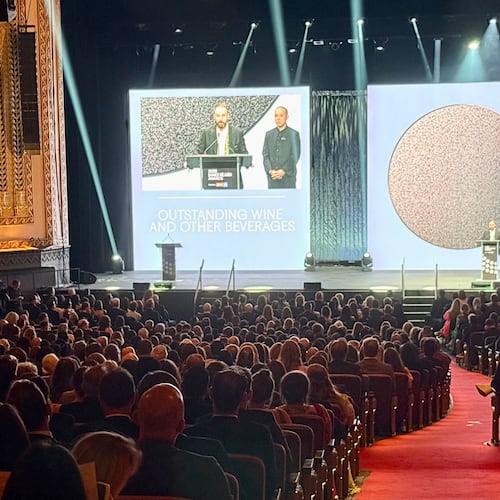 A packed theater with two presenters on stage.