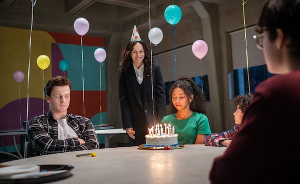 This image released by MGM+ shows Fionn Laird, from left, Mary-Louise Parker, Simone Miller, Viggo Hanvelt and Arlen So in a scene from "The Institute." (Chris Reardon/MGM+ via AP)