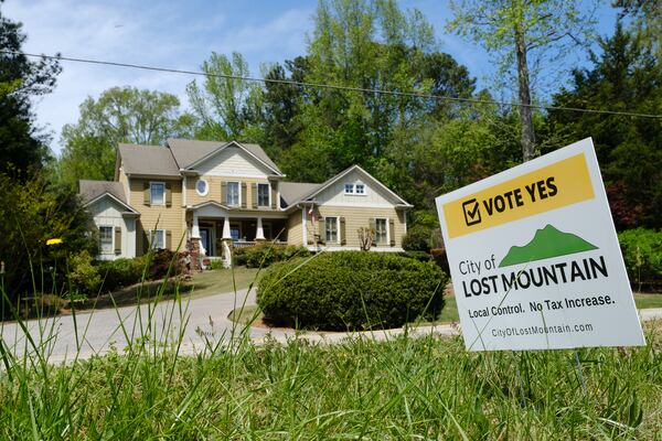 A political sign in favor of Lost Mountain cityhood is seen in Cobb County on Wednesday, April 20, 2022. (Arvin Temkar / arvin.temkar@ajc.com)