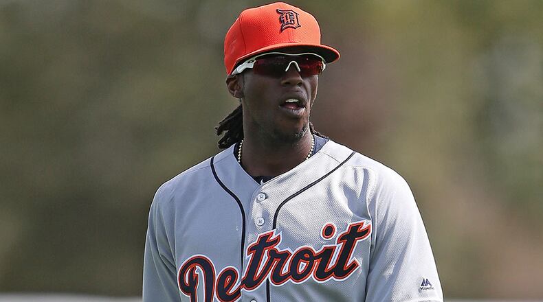 Cameron Maybin of the Tigers warms up prior to the start of a spring training game against the Yankees in Tampa. (Photo by Leon Halip/Getty Images)