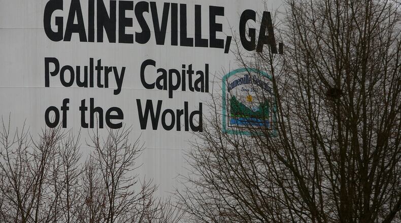 A water tank touts Gainesville as the poultry capital of the world. A reworked North American trade deal could open new market access opportunities for U.S. poultry in Canada. CURTIS COMPTON / CCOMPTON@AJC.COM