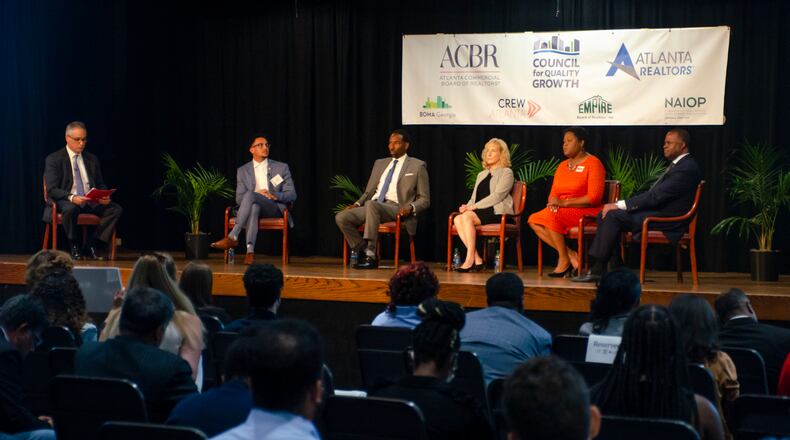 Atlanta Mayoral candidates Antonio Brown (from left), Andre Dickens, Sharon Gay, Felicia Moore and Kasim Reed participate in the Atlanta mayoral forum at Clark Atlanta University, Tuesday, Sept. 14, 2021. (Courtesy of Council for Quality Growth)