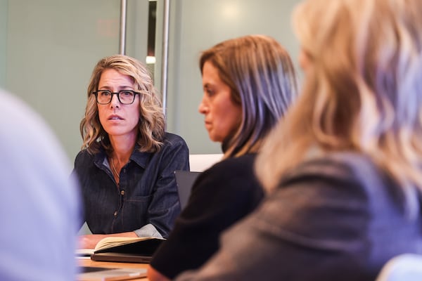 President and Chief Operating Officer Morgan Shaw Parker listens as other Atlanta Dream executives listen during their weekly leadership meeting at the Dream office in Atlanta on Monday, March 30, 2026. (Abbey Cutrer/AJC)
