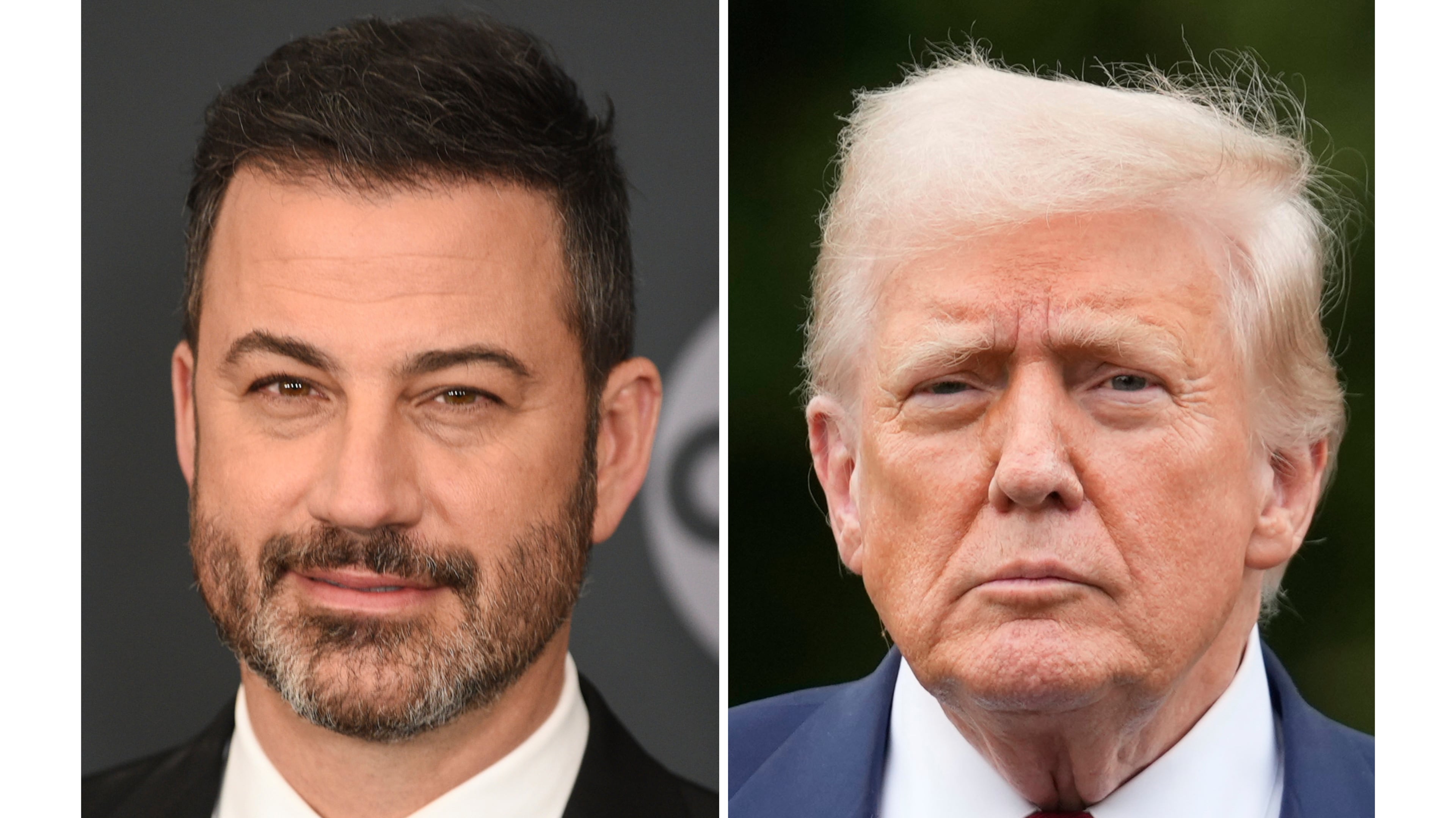 Jimmy Kimmel appears at the Walt Disney Television upfront in New York on May 14, 2019, left, and President Donald Trump appears on the South Lawn of the White House on Aug. 1, 2025, in Washington. (AP Photo)