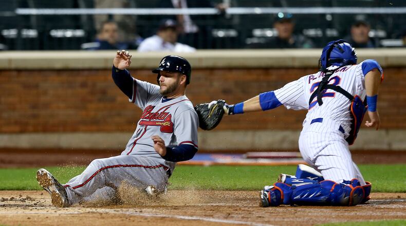A.J. Pierzynski had three hits Wednesday, and hustled to score from second on Andrelton Simmons’ single on this play in the second inning of a 3-2 Braves loss to the Mets. (Getty Images)