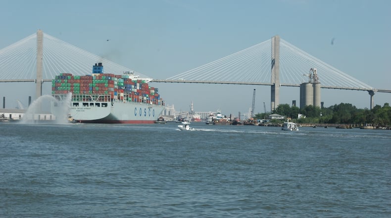 A large container ship crosses beneath the Eugene Talmadge Memorial Bridge on the Savannah River. AJC file/J. Scott Trubey/strubey@ajc.com