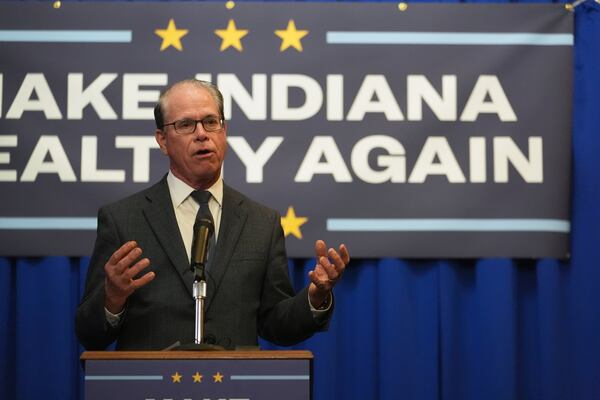 Indiana Gov. Mike Braun speaks during a Make Indiana Healthy Again initiative event in Indianapolis, Tuesday, April 15, 2025. (AP Photo/Michael Conroy)