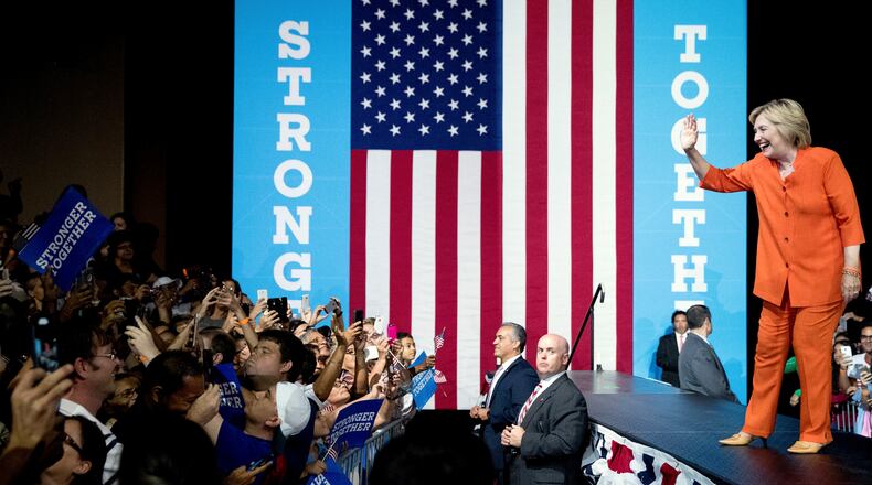 Democratic presidential candidate Hillary Clinton waves to members of the audience after speaking at a rally at Osceola Heritage Park, in Kissimmee, Fla., Monday, Aug. 8, 2016. (AP Photo/Andrew Harnik)