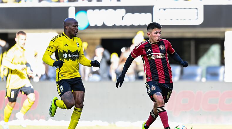 Atlanta United midfielder Thiago Almada dribbles the ball during the match against Columbus Crew at Lower.com Field in Columbus, OH on Saturday Feb. 24, 2024. (Photo by Mitch Martin/Atlanta United)