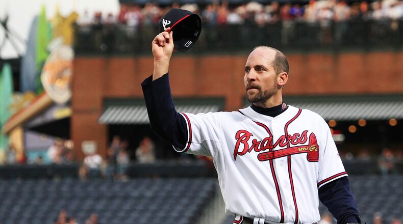 Atlanta Braves pitcher John Smoltz reacts after throwing his 3,000th career strikeout on April 22, 2008. But on Jan. 28, 2017, he’ll be at the grand opening of a new Bowlero, a hip bowling alley, in Kennesaw.