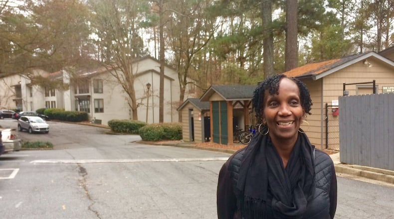 Lucy Hall, the founder of the Mary Hall Freedom House, on the grounds of the complex where her organization bought 33 condos to house women and their kids. Photo by Bill Torpy AJC FILE PHOTO