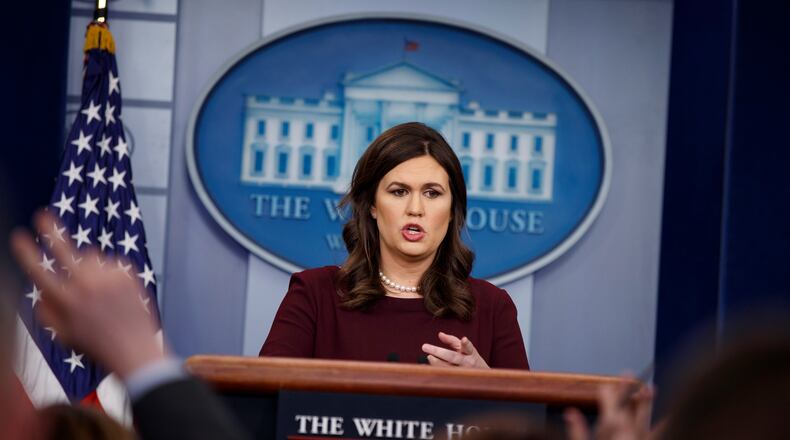 White House press secretary Sarah Huckabee Sanders speaks during the daily press briefing at the White House, Tuesday, Feb. 27, 2018, in Washington. (AP Photo/Evan Vucci)